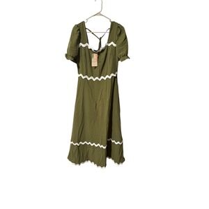 NWT BTFBM Size Large Olive Green Ric Rac Trim Maxi Dress Short Puff Dress